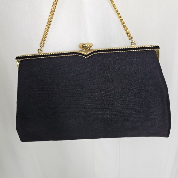 Vintage Coblentz Black Satin Convertible Clutch Evening Bag Gold Chain Hinge - Picture 2 of 9